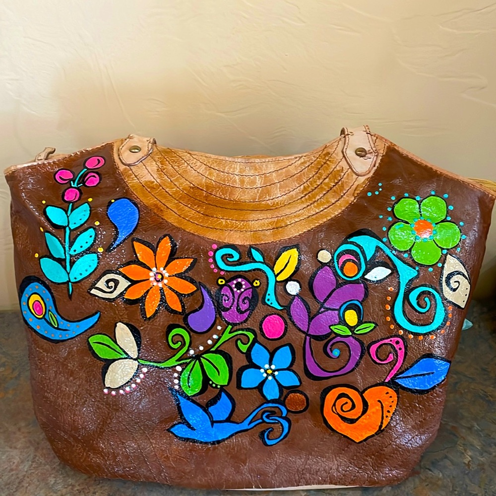 Leather Shoulder tote Bag with Hand Painted Art